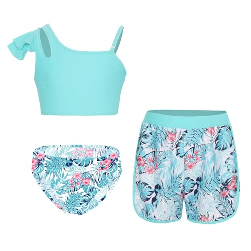 Alvivi Mädchen Bikini Tankini Set Blumen Druck Badeanzug Dreiteiliger Bademode Sport Tank Top +Shorts + Bikinislip Schwimmanzug Badebekleidung Cz Palmenblätter 146-152 von Alvivi