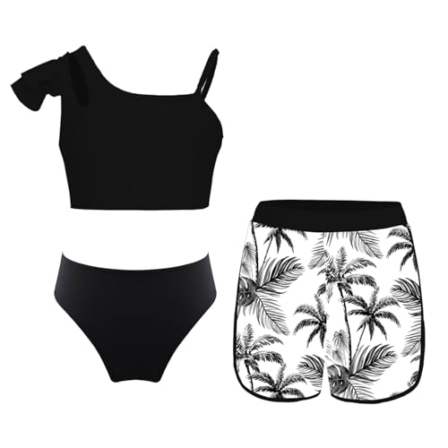 Alvivi Mädchen Bikini Tankini Set Blumen Druck Badeanzug Dreiteiliger Bademode Sport Tank Top +Shorts + Bikinislip Schwimmanzug Badebekleidung Cz Schwarz 134-140 von Alvivi