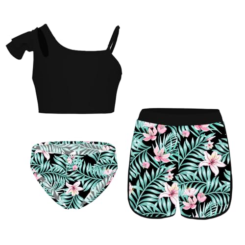 Alvivi Mädchen Bikini Tankini Set Blumen Druck Badeanzug Dreiteiliger Bademode Sport Tank Top +Shorts + Bikinislip Schwimmanzug Badebekleidung Cz Schwarz Grüne Blume 170-176 von Alvivi