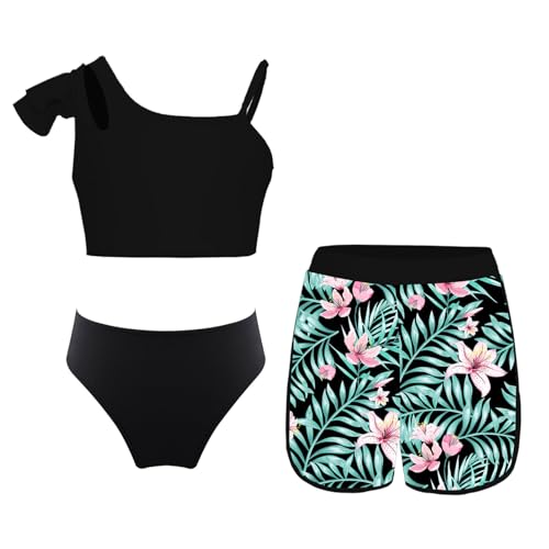 Alvivi Mädchen Bikini Tankini Set Blumen Druck Badeanzug Dreiteiliger Bademode Sport Tank Top +Shorts + Bikinislip Schwimmanzug Badebekleidung Cz Schwarze Blume 158-164 von Alvivi