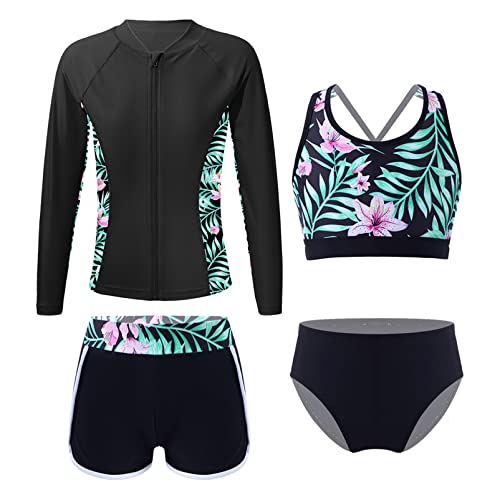 Alvivi Mädchen Bikini Tankini Set Sport Tank Top+ Shorts Badehose Rashguard 4tlg.UV Schutz Badeanzug Bademode Kinder Badebekleidung Schwimmanzug Schwarz 158-164 von Alvivi