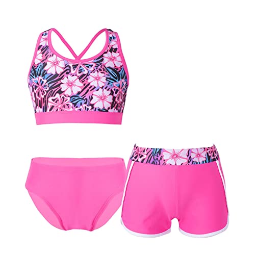 Alvivi Mädchen Bikini Tankini Set Blumen Druck Badeanzug Dreiteiliger Bademode Sport Tank Top +Shorts + Bikinislip Schwimmanzug Badebekleidung Ax Rosenrot 122-128 von Alvivi