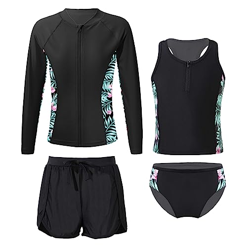 Alvivi Mädchen Bikini Tankini Set Tank Top+Shorts Badehose 3PCS Badeanzug Bademode Kinder Badebekleidung Schwimmanzug Sport Set Gr.98-176 A Lilie 158-164 von Alvivi