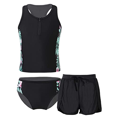 Alvivi Mädchen Bikini Tankini Set Tank Top+Shorts Badehose 3PCS Badeanzug Bademode Kinder Badebekleidung Schwimmanzug Sport Set Gr.98-176 A Schwarz 122-128 von Alvivi