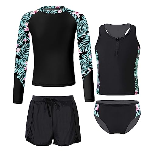 Alvivi Mädchen Bikini Tankini Set Tank Top+Shorts Badehose 3PCS Badeanzug Bademode Kinder Badebekleidung Schwimmanzug Sport Set Gr.98-176 A Schwarze Lilie 134-140 von Alvivi