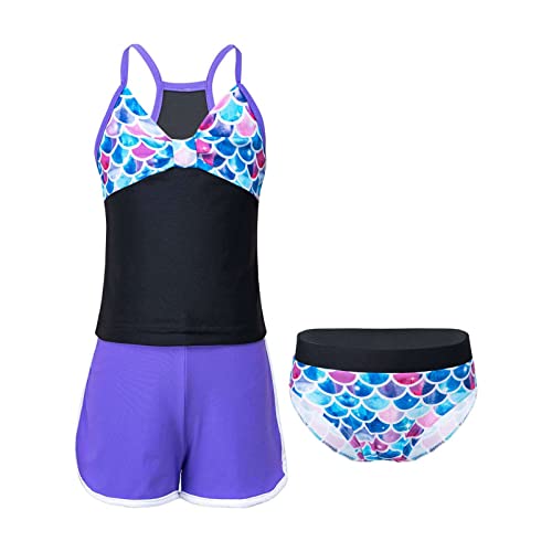 Alvivi Mädchen Bikini Tankini Set Tank Top+Shorts Badehose 3PCS Badeanzug Bademode Kinder Badebekleidung Schwimmanzug Sport Set Gr.98-176 Ca Lila Fischschuppen 122-128 von Alvivi