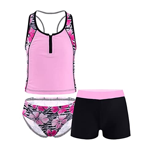 Alvivi Mädchen Bikini Tankini Set Tank Top+Shorts Badehose 3PCS Badeanzug Bademode Kinder Badebekleidung Schwimmanzug Sport Set Gr.98-176 Ca Rosa 170-176 von Alvivi