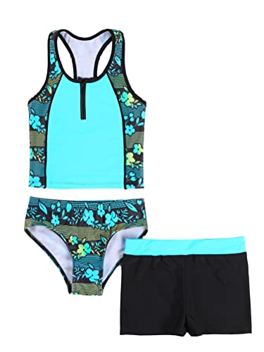 Alvivi Mädchen Bikini Tankini Set Tank Top+Shorts Badehose 3PCS Badeanzug Bademode Kinder Badebekleidung Schwimmanzug Sport Set Gr.98-176 Cb Grün 170-176 von Alvivi