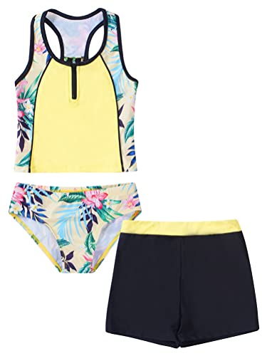 Alvivi Mädchen Bikini Tankini Set Tank Top+Shorts Badehose 3PCS Badeanzug Bademode Kinder Badebekleidung Schwimmanzug Sport Set Gr.98-176 Ya Gelb Zitrone 170-176 von Alvivi