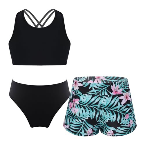 Alvivi Mädchen Bikini Tankini Set 3tlg.Tank Top+Shorts Slip Dreiteiliger Badeanzug Bademode Kinder Badebekleidung Schwimmanzug Sport Set Gr.98-176 A Lilie 122-128 von Alvivi