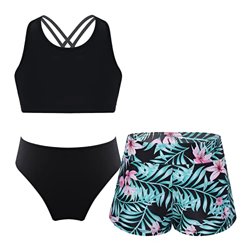 Alvivi Mädchen Bikini Tankini Set 3tlg.Tank Top+Shorts Slip Dreiteiliger Badeanzug Bademode Kinder Badebekleidung Schwimmanzug Sport Set Gr.98-176 A Lilie 122-128 von Alvivi