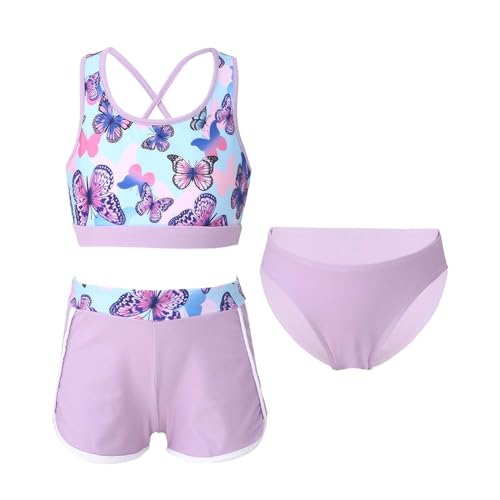 Alvivi Mädchen Bikini Tankini Set 3tlg.Tank Top+Shorts Slip Dreiteiliger Badeanzug Bademode Kinder Badebekleidung Schwimmanzug Sport Set Gr.98-176 AAC Lila C 122-128 von Alvivi