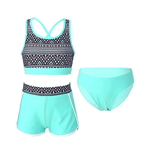 Alvivi Mädchen Bikini Tankini Set Blumen Druck Badeanzug Dreiteiliger Bademode Sport Tank Top +Shorts + Bikinislip Schwimmanzug Badebekleidung Minzgrün 134-140 von Alvivi