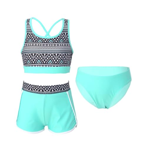 Alvivi Mädchen Bikini Tankini Set Blumen Druck Badeanzug Dreiteiliger Bademode Sport Tank Top +Shorts + Bikinislip Schwimmanzug Badebekleidung Ax Minzgrün 146-152 von Alvivi