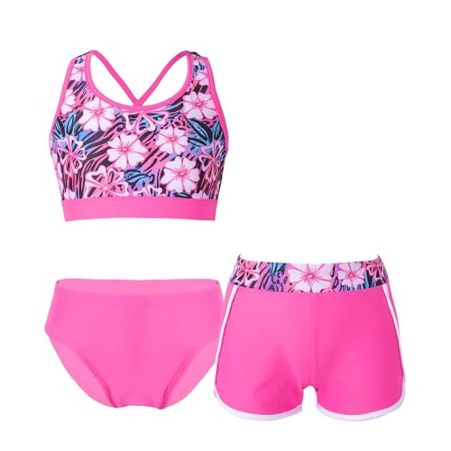 Alvivi Mädchen Bikini Tankini Set 3tlg.Tank Top+Shorts Slip Dreiteiliger Badeanzug Bademode Kinder Badebekleidung Schwimmanzug Sport Set Gr.98-176 AAC Rosenrot C 110-116 von Alvivi