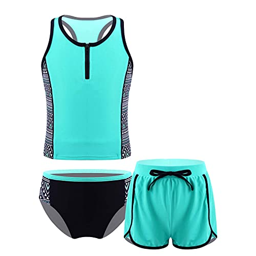 Alvivi 3PCS Mädchen Bikini Tankini Set Tank Top+Shorts Badehose Badeanzug Bademode Kinder Badebekleidung Schwimmanzug Sport Set Minzgrün 134-140 von Alvivi