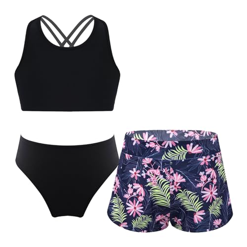 Alvivi Mädchen Bikini Tankini Set 3tlg.Tank Top+Shorts Slip Dreiteiliger Badeanzug Bademode Kinder Badebekleidung Schwimmanzug Sport Set Gr.98-176 Aa Blumen 122-128 von Alvivi