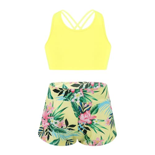 Alvivi Mädchen Bikini Tankini Set Tank Top+Shorts Zweiteiler Badeanzug Bademode Kinder Badebekleidung Schwimmanzug Sport Set Gr.98-176 Aa Zitrone A 122-128 von Alvivi