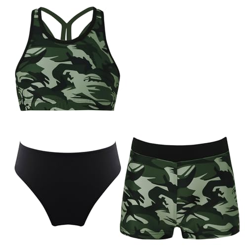 Alvivi Mädchen Bikini Tankini Set Sport Tank Top+Shorts Slip 3tlg.Badeanzug Stoffdruck Bademode Kinder Badebekleidung Schwimmanzug Camouflage 170-176 von Alvivi