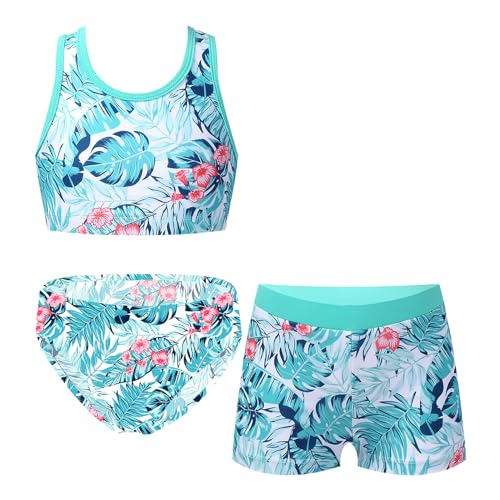 Alvivi Mädchen Bikini Tankini Set 3tlg.Tank Top+Shorts Slip Dreiteiliger Badeanzug Bademode Kinder Badebekleidung Schwimmanzug Sport Set Gr.98-176 Hd Blätter 110-116 von Alvivi