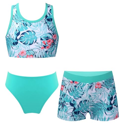 Alvivi Mädchen Bikini Tankini Set 3tlg.Tank Top+Shorts Slip Dreiteiliger Badeanzug Bademode Kinder Badebekleidung Schwimmanzug Sport Set Gr.98-176 Hd See Grün 134-140 von Alvivi