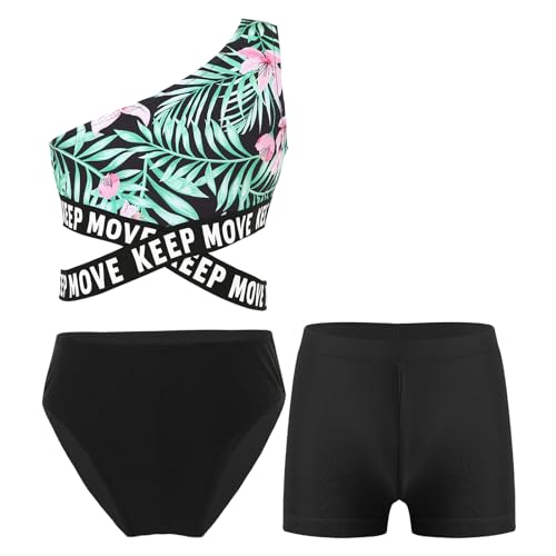 Alvivi Mädchen Bikini Tankini Set 3tlg.Tank Top+Shorts Slip Dreiteiliger Badeanzug Bademode Kinder Badebekleidung Schwimmanzug Sport Set Gr.98-176 M Grün&Schwarz 134-140 von Alvivi