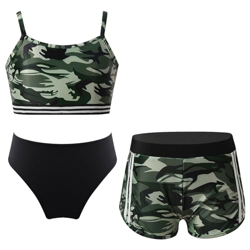 Alvivi Mädchen Bikini Tankini Set 3tlg.Tank Top+Shorts Slip Dreiteiliger Badeanzug Bademode Kinder Badebekleidung Schwimmanzug Sport Set Gr.98-176 O Camouflage 134-140 von Alvivi