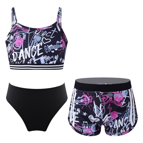 Alvivi Mädchen Bikini Tankini Set 3tlg.Tank Top+Shorts Slip Dreiteiliger Badeanzug Bademode Kinder Badebekleidung Schwimmanzug Sport Set Gr.98-176 Oa Buchstaben Schwarz 122-128 von Alvivi