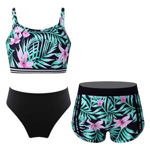 Alvivi Mädchen Bikini Tankini Set 3tlg.Tank Top+Shorts Slip Dreiteiliger Badeanzug Bademode Kinder Badebekleidung Schwimmanzug Sport Set Gr.98-176 Oa Lilie&Schwarz 122-128 von Alvivi