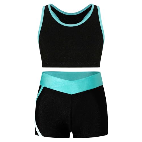 Alvivi Mädchen Bikini Tankini Set Tank Top+Shorts Zweiteiler Badeanzug Bademode Kinder Ballett Trikot Sport Set Tanzkleidung Gr.98-176 A Blau Grün 146-152 von Alvivi