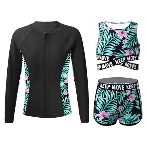 Alvivi Mädchen Bikini Tankini Set 3 Teilig Badeanzug UV Schutz Langarm Rash Guard + Shorts + Slips Sommer Schwimmanzug Badebekleidung E Lilie 170-176 von Alvivi