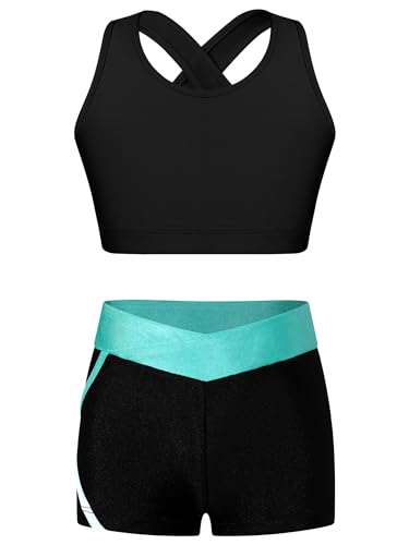 Alvivi Mädchen Bikini Tankini Set Zweiteiler Badeanzug Bademode Tank Top+Shorts Sommer Schwimmanzug Yoga Gymnastik Turnen Sport Set Gr.98-176 A Schwarz&Blau Grün 158-164 von Alvivi