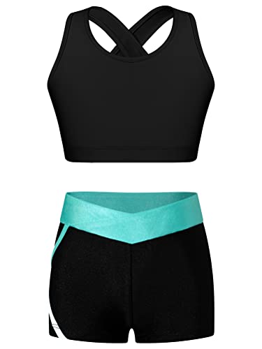 Alvivi Mädchen Bikini Tankini Set Zweiteiler Badeanzug Bademode Tank Top+Shorts Sommer Schwimmanzug Yoga Gymnastik Turnen Sport Set Gr.98-176 A Schwarz&Blau Grün 170-176 von Alvivi
