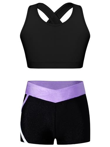 Alvivi Mädchen Bikini Tankini Set Zweiteiler Badeanzug Bademode Tank Top+Shorts Sommer Schwimmanzug Yoga Gymnastik Turnen Sport Set Gr.98-176 A Schwarz&Lavendel 158-164 von Alvivi