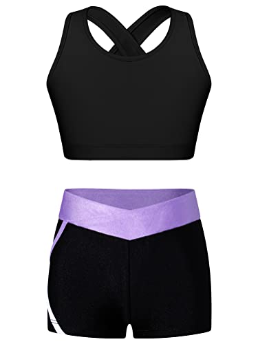 Alvivi Mädchen Bikini Tankini Set Zweiteiler Badeanzug Bademode Tank Top+Shorts Sommer Schwimmanzug Yoga Gymnastik Turnen Sport Set Gr.98-176 A Schwarz&Lavendel 170-176 von Alvivi