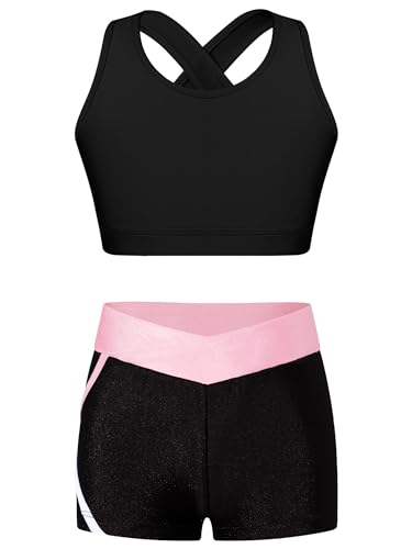 Alvivi Mädchen Bikini Tankini Set Zweiteiler Badeanzug Bademode Tank Top+Shorts Sommer Schwimmanzug Yoga Gymnastik Turnen Sport Set Gr.98-176 A Schwarz&Rosa 158-164 von Alvivi