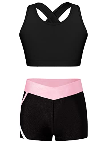 Alvivi Mädchen Bikini Tankini Set Zweiteiler Badeanzug Bademode Tank Top+Shorts Sommer Schwimmanzug Yoga Gymnastik Turnen Sport Set Gr.98-176 A Schwarz&Rosa 158-164 von Alvivi