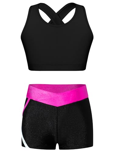 Alvivi Mädchen Bikini Tankini Set Zweiteiler Badeanzug Bademode Tank Top+Shorts Sommer Schwimmanzug Yoga Gymnastik Turnen Sport Set Gr.98-176 A Schwarz&Rose 146-152 von Alvivi