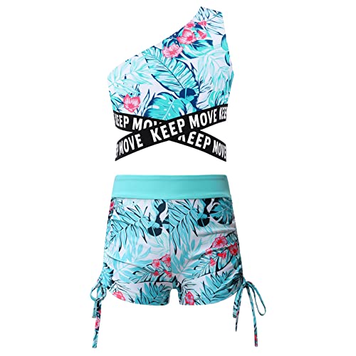 Alvivi Mädchen Bikini Tankini Set Zweiteiler Badeanzug Bademode Tank Top+Shorts Kinder Sport Set Ballett Trikot Tanzkleidung Gr.98-176 Ca Blätter A 170-176 von Alvivi