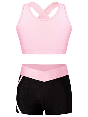 Alvivi Mädchen Bikini Tankini Set Zweiteiler Badeanzug Bademode Tank Top+Shorts Sommer Schwimmanzug Yoga Gymnastik Turnen Sport Set Gr.98-176 A Rosa 122-128 von Alvivi