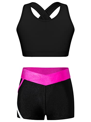 Alvivi Mädchen Bikini Tankini Set Zweiteiler Badeanzug Bademode Tank Top+Shorts Sommer Schwimmanzug Yoga Gymnastik Turnen Sport Set Gr.98-176 A Schwarz&Rose 170-176 von Alvivi