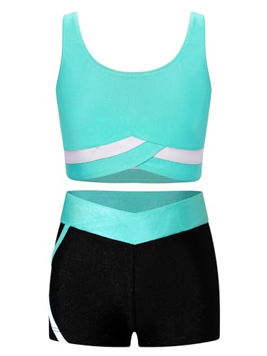 Alvivi Mädchen Bikini Tankini Set Zweiteiler Badeanzug Bademode Tank Top+Shorts Sommer Schwimmanzug Yoga Gymnastik Turnen Sport Set Gr.98-176 B Blau Grün A 170-176 von Alvivi