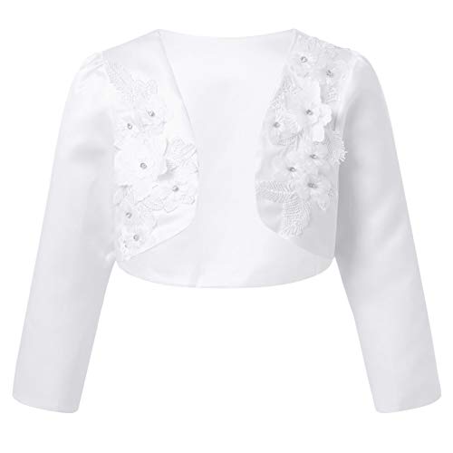 Alvivi Mädchen Bolero Schulterjacke Satin Langarm Jäckchen mit Blumen Hochzeit Festlich Taufe Kommunionjacke Strickjacke zum Kleid C Weiß 110-116 von Alvivi