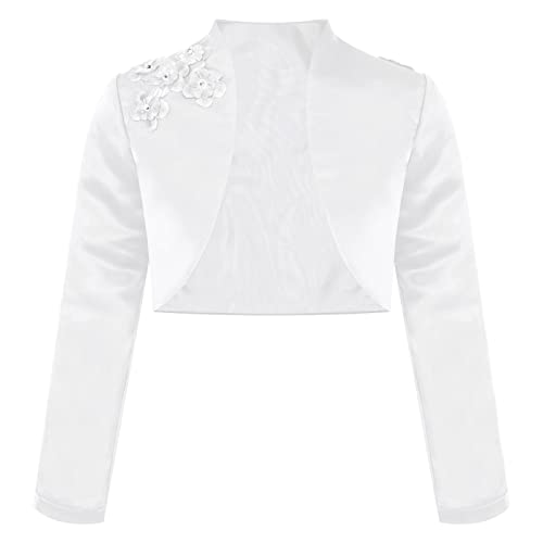 Alvivi Mädchen Bolero Jacke Satin Strickjacke Langarm Schulterjacke mit Blumen Jäckchen Cardigan Tops zum Festlich Hochzeit Taufe Kommunionkleid Weiß 146-152 von Alvivi