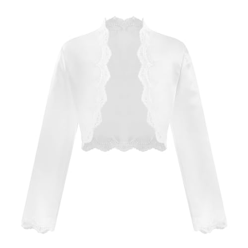 Alvivi Mädchen Bolero Schulterjacke Satin Langarm Jäckchen mit Blumen Hochzeit Festlich Taufe Kommunionjacke Strickjacke zum Kleid I Weiß A 158-164 von Alvivi