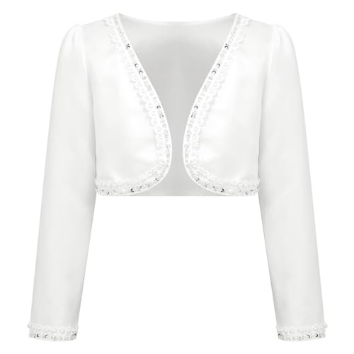 Alvivi Kinder Mädchen Bolero Langarm Schulterjacke Satin Strickjacke Jäckchen Cardigan Tops mit Perlen zum Festlich Hochzeit Taufe Kommunkleid Weiß 134-140 von Alvivi