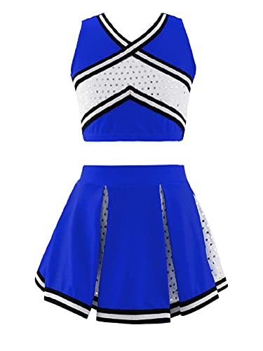 Alvivi Mädchen Cheer Leader Kostüm Cheerleading Uniform Crop Top mit Rock Schulmädchen Tanzkostüm Halloween Karneval Fasching Partykleid B Royal Blau 146-152 von Alvivi