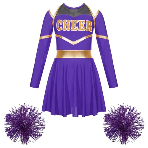 Alvivi Mädchen Cheerleading Kostüm Cheer Leader Langarm Kleid mit Pompoms Schulmädchen Uniform Halloween Karneval Fasching Partykleid Lila 134-140 von Alvivi