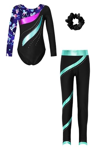 Alvivi Mädchen Einhörner Turnanzug Langarm Gymnastikanzug mit Hose Haarband Ballettanzug Trikotanzug Akrobatik Anzug Wettbewerb Tanzkostüm Blau Grün 122-128 von Alvivi