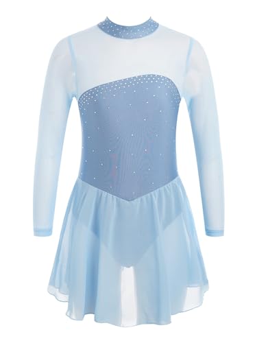 Alvivi Mädchen Eiskunstlauf Kleid Glitzer Ballettkleid Langarm Rollkunstlauf Kleid mit Chiffon Rock Latein Tanzkleid Eislaufen Wettbewerb Tanzkleidung Himmel Blau 134-140 von Alvivi